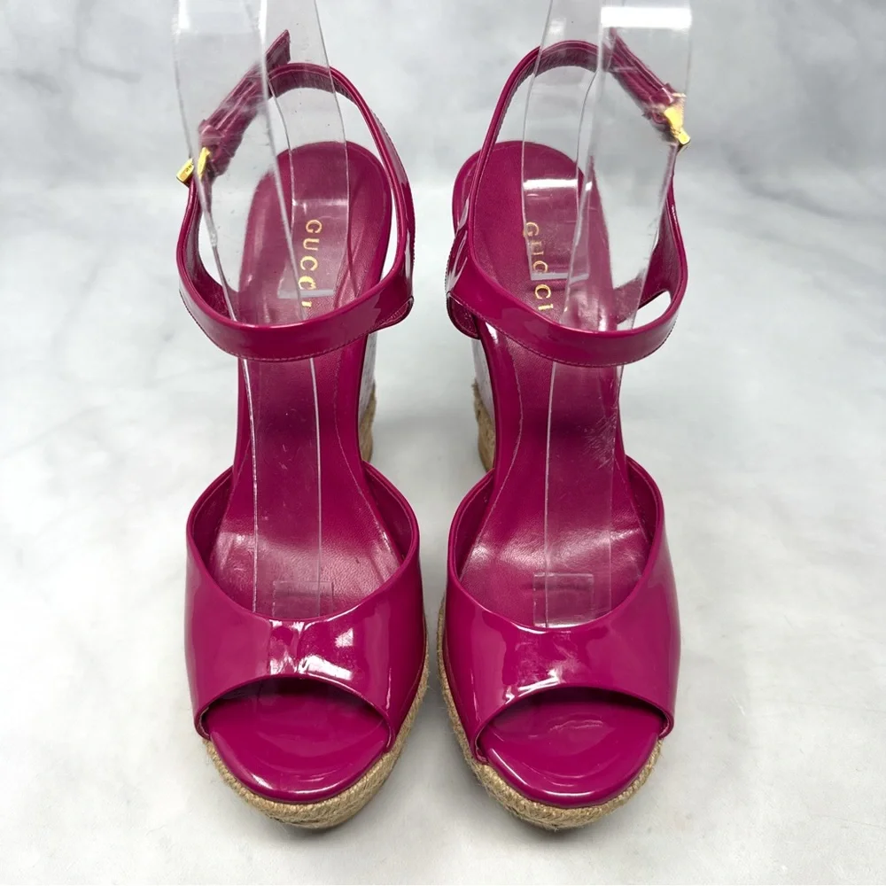 GUCCI GG Monogram Embossed Patent Leather Espadrille Platform Wedge Sandals Pink